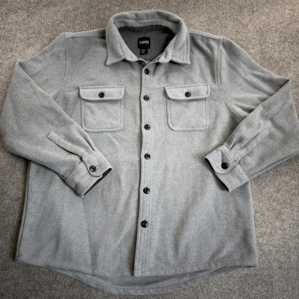 Vintage Skyr Mens Grey Herringbone Wool Blend Button Up Shirt Jacket Size 2XL